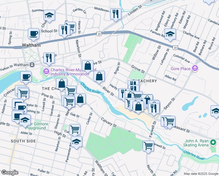 map of restaurants, bars, coffee shops, grocery stores, and more near 163 Bright Street in Waltham