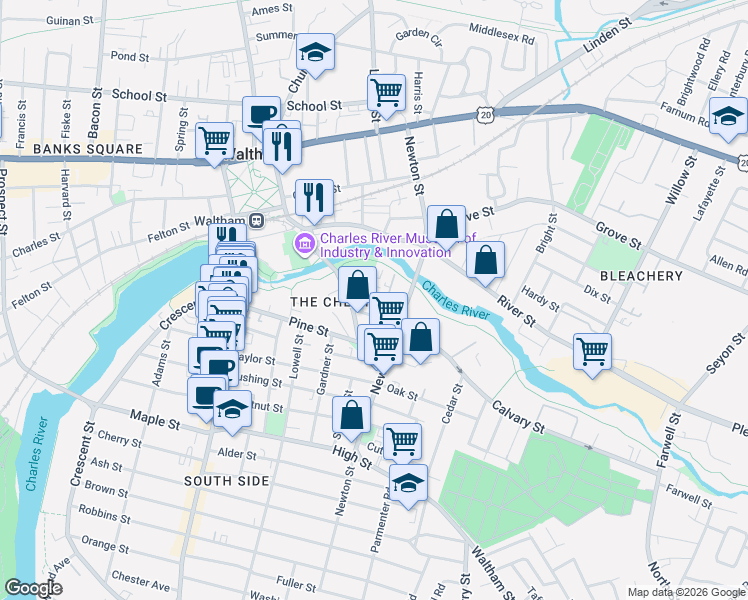 map of restaurants, bars, coffee shops, grocery stores, and more near 29 Mc Kenn Street in Waltham