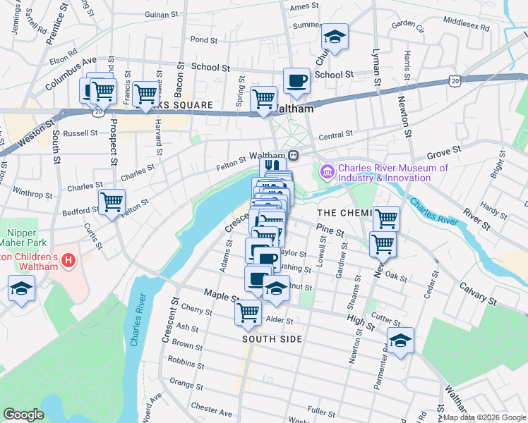 map of restaurants, bars, coffee shops, grocery stores, and more near 25 Crescent Street in Waltham