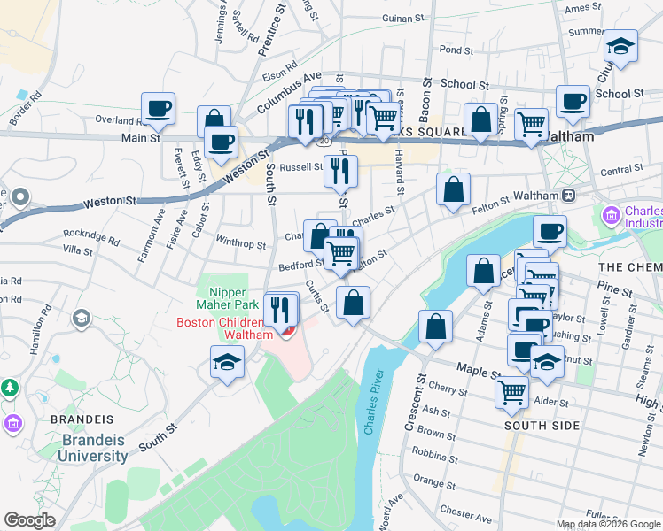 map of restaurants, bars, coffee shops, grocery stores, and more near 11 Bedford Street in Waltham