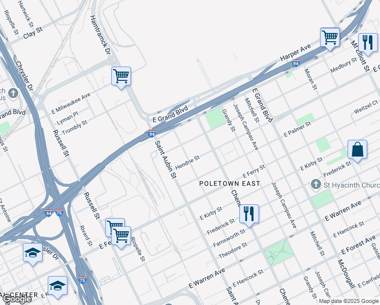 map of restaurants, bars, coffee shops, grocery stores, and more near 5861 Dubois Street in Detroit