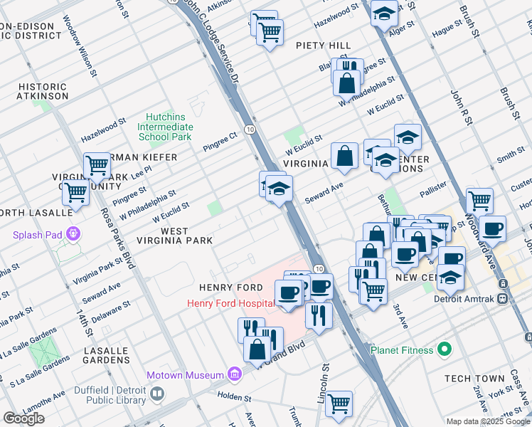 map of restaurants, bars, coffee shops, grocery stores, and more near 1146 Seward Avenue in Detroit