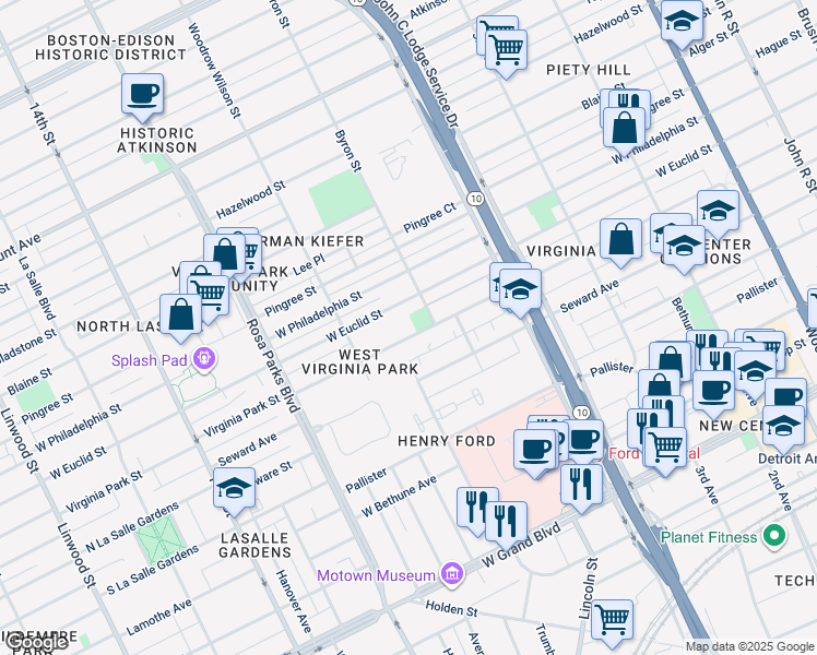 map of restaurants, bars, coffee shops, grocery stores, and more near 1406 Virginia Park Street in Detroit