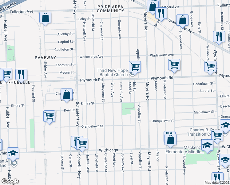 map of restaurants, bars, coffee shops, grocery stores, and more near 11381 Sorrento Avenue in Detroit