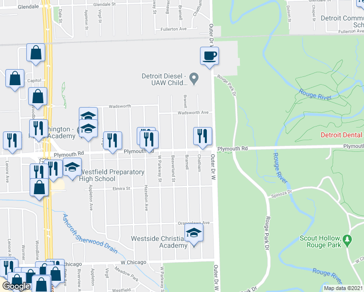 map of restaurants, bars, coffee shops, grocery stores, and more near 11627 Bramell in Detroit