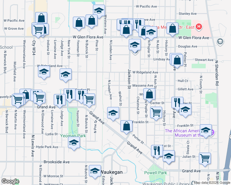 map of restaurants, bars, coffee shops, grocery stores, and more near 771 North Linden Avenue in Waukegan