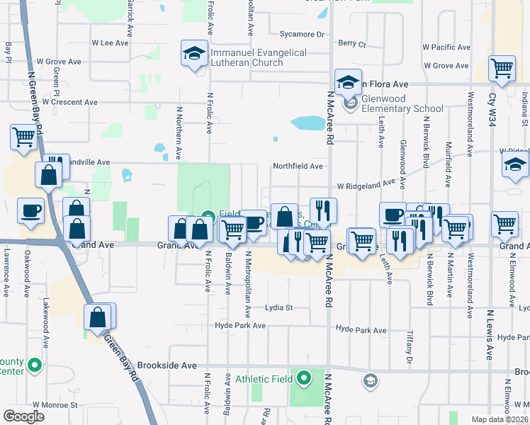 map of restaurants, bars, coffee shops, grocery stores, and more near 2825 West Grandville Avenue in Waukegan