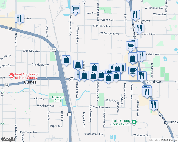 map of restaurants, bars, coffee shops, grocery stores, and more near 840 Pine Grove Street in Gurnee