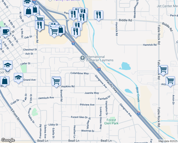 map of restaurants, bars, coffee shops, grocery stores, and more near 875 Columbine Way in Central Point