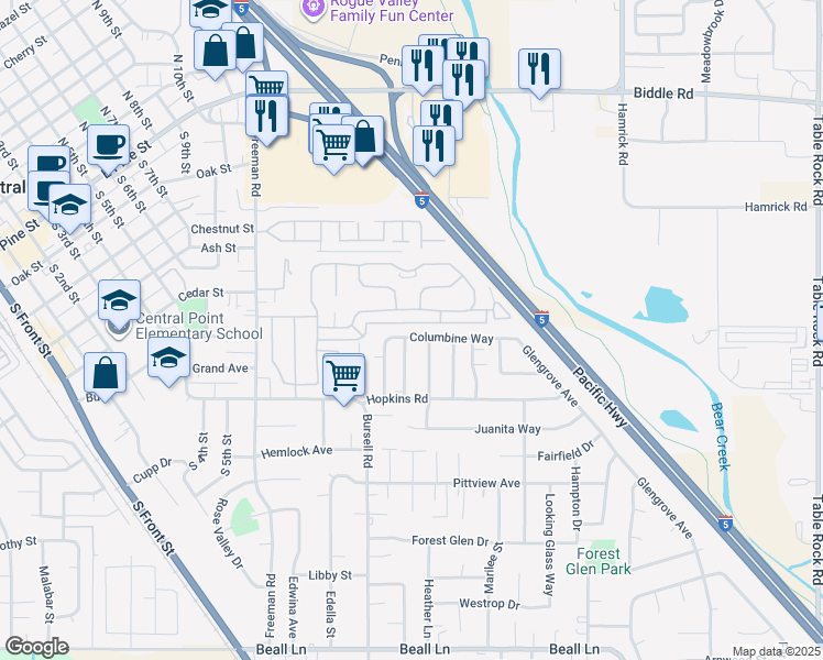 map of restaurants, bars, coffee shops, grocery stores, and more near 783 Columbine Way in Central Point