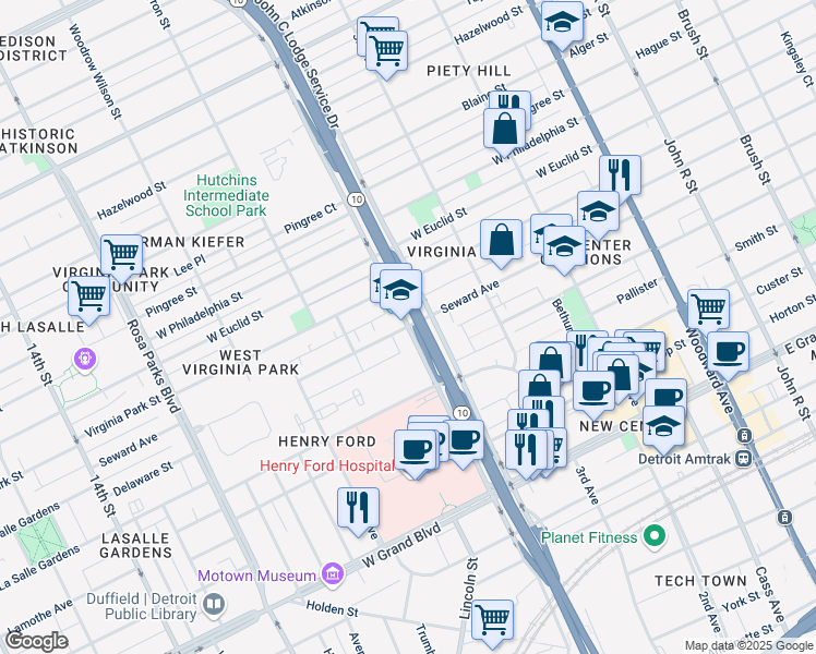 map of restaurants, bars, coffee shops, grocery stores, and more near John C Lodge & Seward St in Detroit