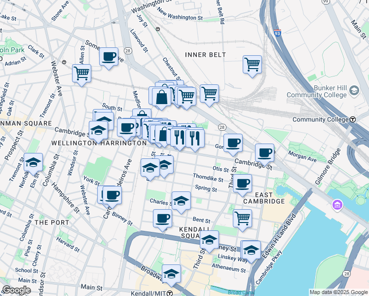 map of restaurants, bars, coffee shops, grocery stores, and more near 9 6th Street in Cambridge
