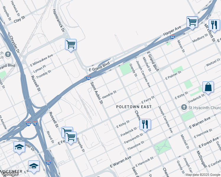 map of restaurants, bars, coffee shops, grocery stores, and more near 5818 Dubois Street in Detroit