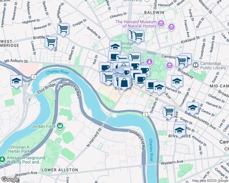 map of restaurants, bars, coffee shops, grocery stores, and more near 15 Eliot Street in Cambridge
