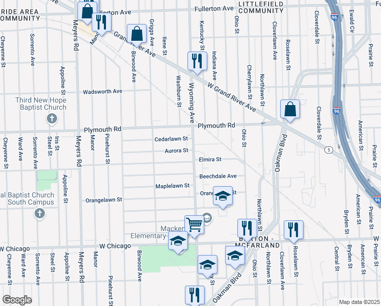 map of restaurants, bars, coffee shops, grocery stores, and more near 11333 Wyoming Avenue in Detroit