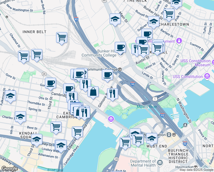 map of restaurants, bars, coffee shops, grocery stores, and more near Brian P. Murphy Memorial Staircase in Cambridge