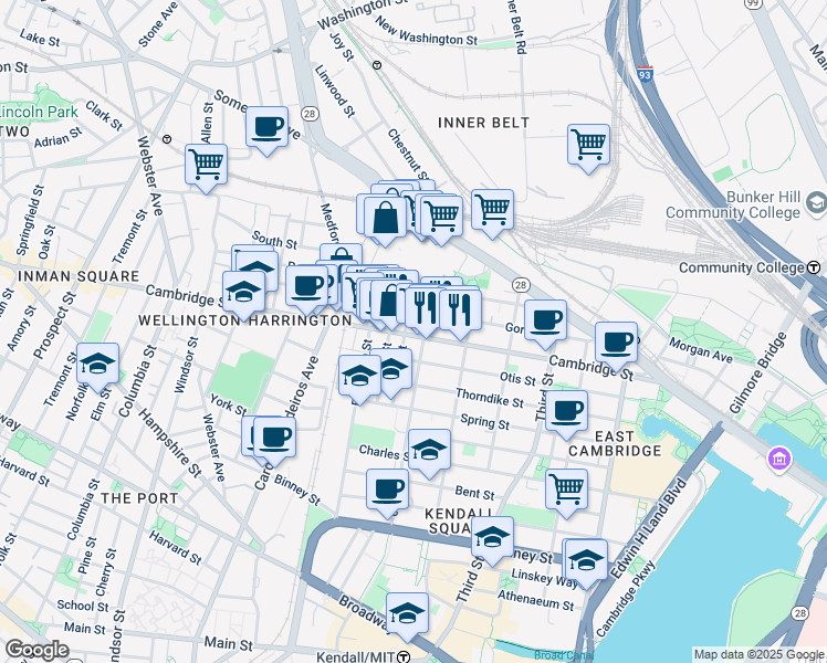 map of restaurants, bars, coffee shops, grocery stores, and more near 9 6th Street in Cambridge