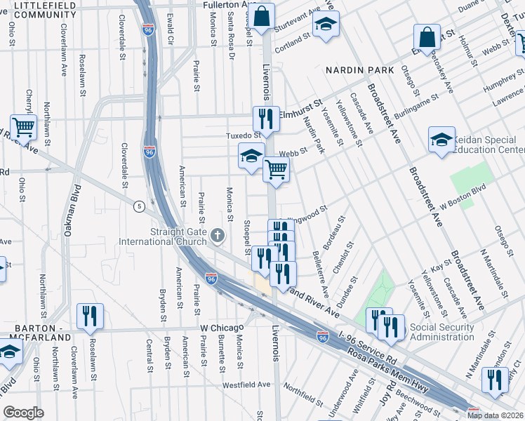 map of restaurants, bars, coffee shops, grocery stores, and more near 10381 Livernois in Detroit