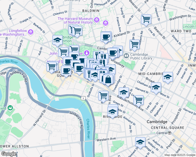 map of restaurants, bars, coffee shops, grocery stores, and more near 1166 Massachusetts Avenue in Cambridge