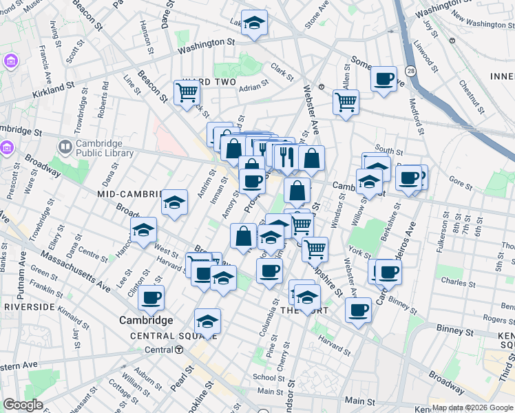 map of restaurants, bars, coffee shops, grocery stores, and more near 171 Hampshire Street in Cambridge