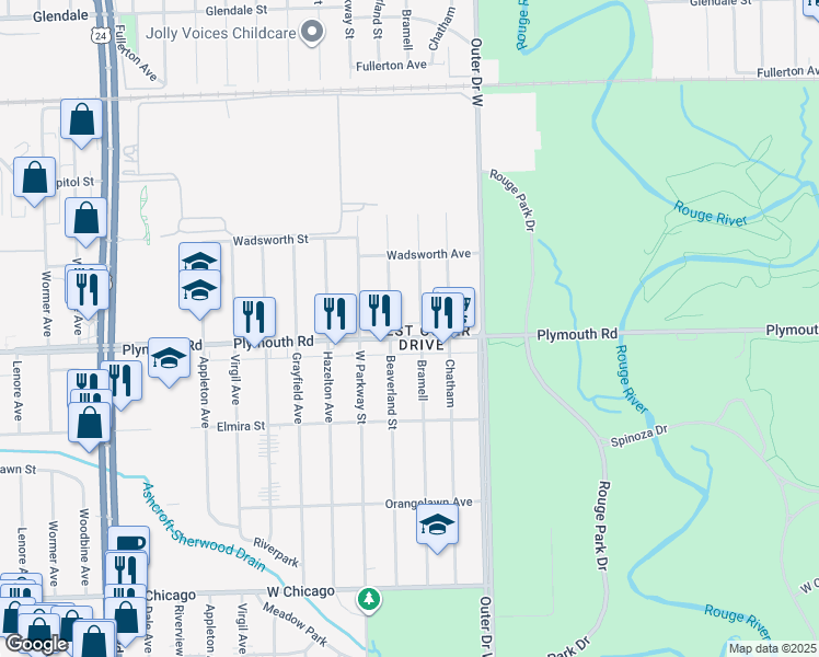 map of restaurants, bars, coffee shops, grocery stores, and more near 22620 Plymouth Road in Detroit