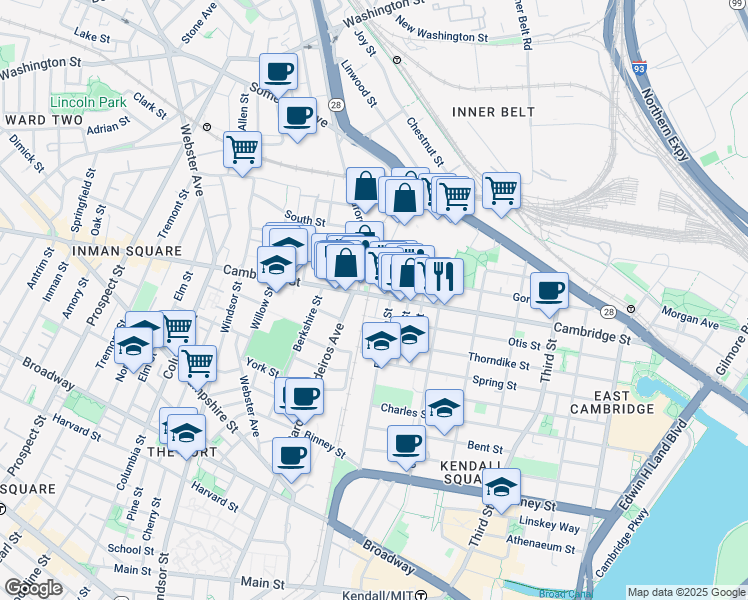 map of restaurants, bars, coffee shops, grocery stores, and more near 660 Cambridge Street in Cambridge