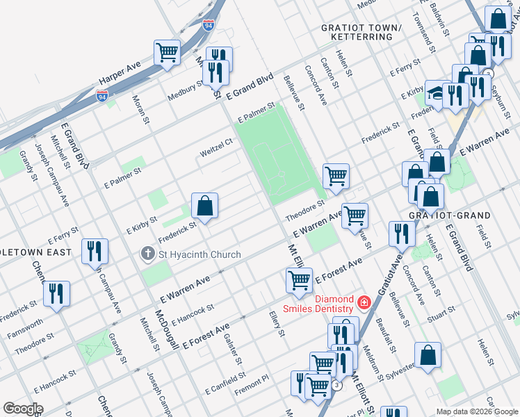 map of restaurants, bars, coffee shops, grocery stores, and more near 3709 Farnsworth Street in Detroit