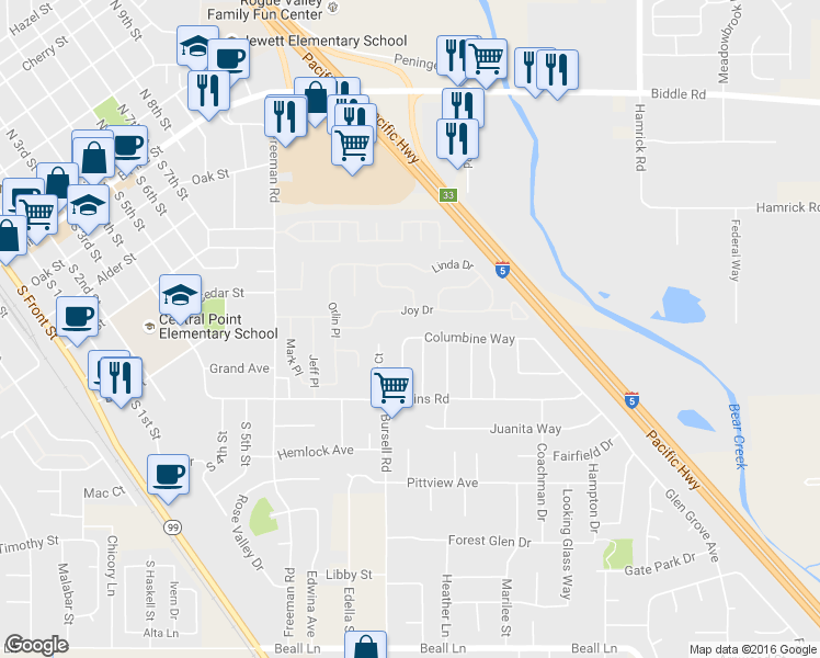 map of restaurants, bars, coffee shops, grocery stores, and more near 757 Columbine Way in Central Point
