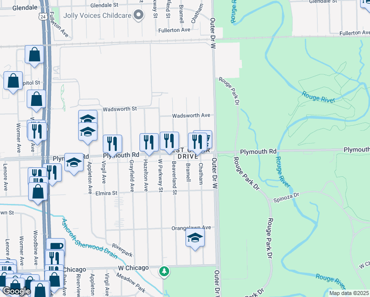 map of restaurants, bars, coffee shops, grocery stores, and more near 22610 Plymouth Road in Redford Charter Township
