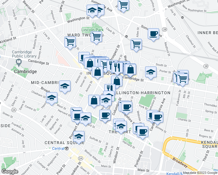 map of restaurants, bars, coffee shops, grocery stores, and more near 283 Norfolk Street in Cambridge