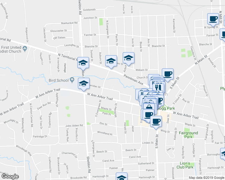 map of restaurants, bars, coffee shops, grocery stores, and more near 1331 Sheridan Street in Plymouth