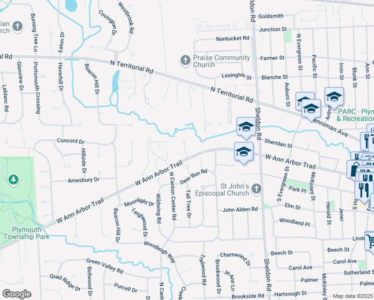 map of restaurants, bars, coffee shops, grocery stores, and more near 12400 Woodgate Drive in Plymouth
