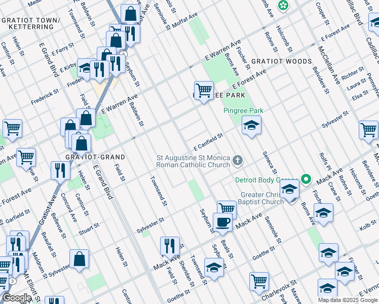 map of restaurants, bars, coffee shops, grocery stores, and more near E Canfield St & Van Dyke St in Detroit