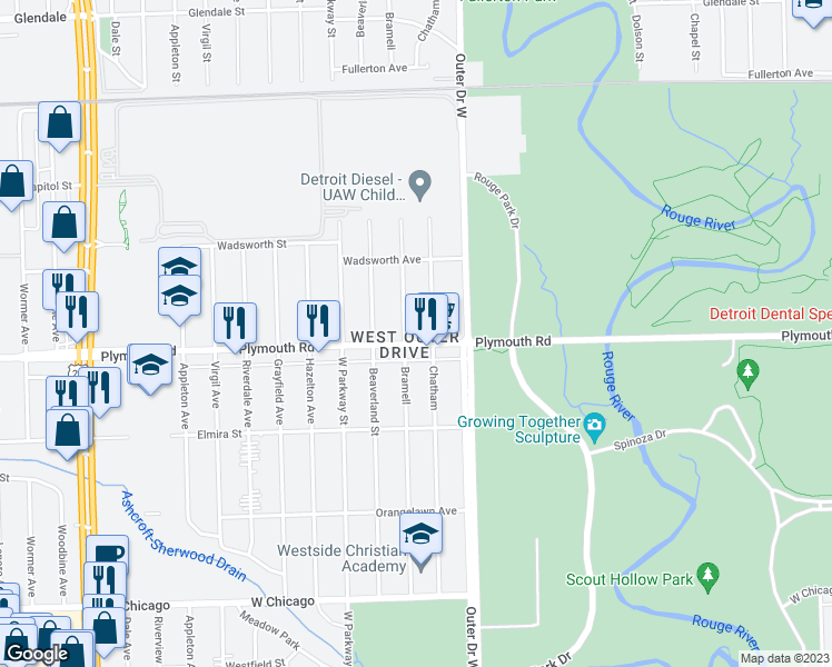 map of restaurants, bars, coffee shops, grocery stores, and more near 22528 Plymouth Road in Redford Charter Township