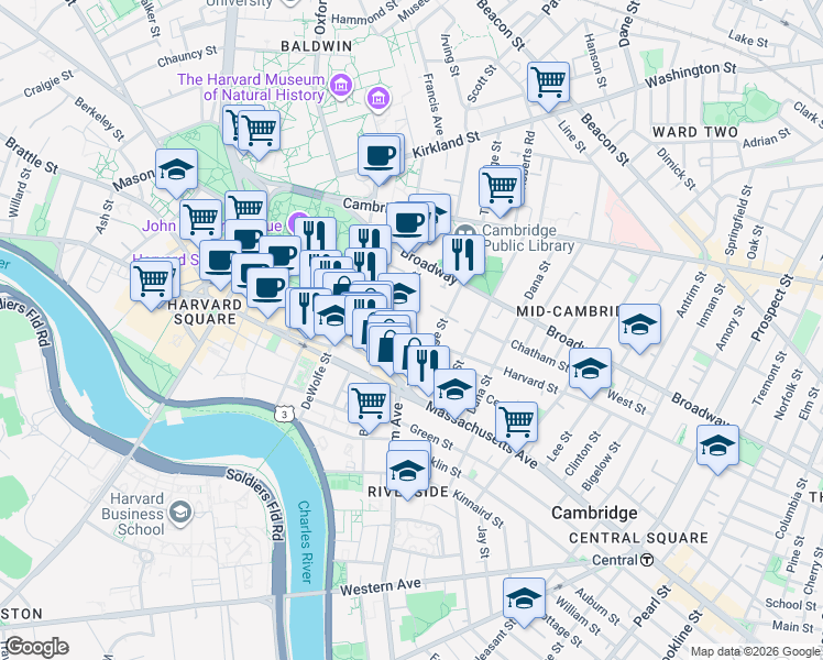 map of restaurants, bars, coffee shops, grocery stores, and more near 381 Harvard Street in Cambridge