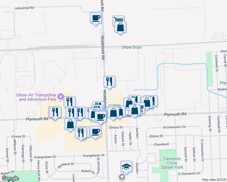 map of restaurants, bars, coffee shops, grocery stores, and more near 11800 Middlebelt Road in Livonia