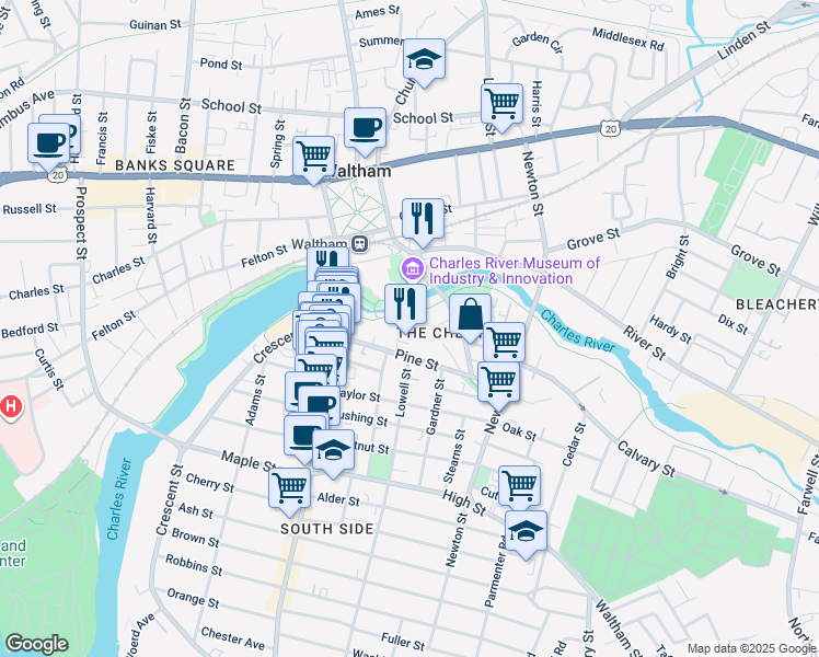 map of restaurants, bars, coffee shops, grocery stores, and more near 20 Cooper Street in Waltham