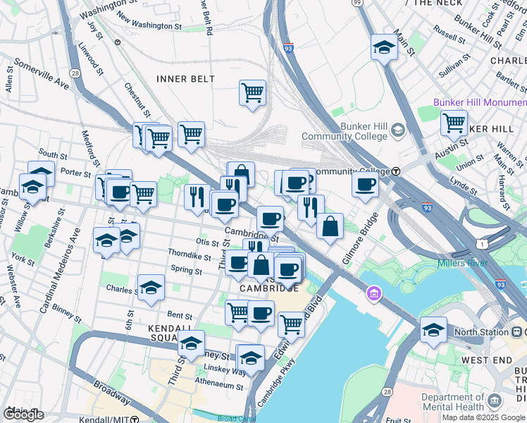 map of restaurants, bars, coffee shops, grocery stores, and more near 169 Monsignor O'Brien Highway in Cambridge