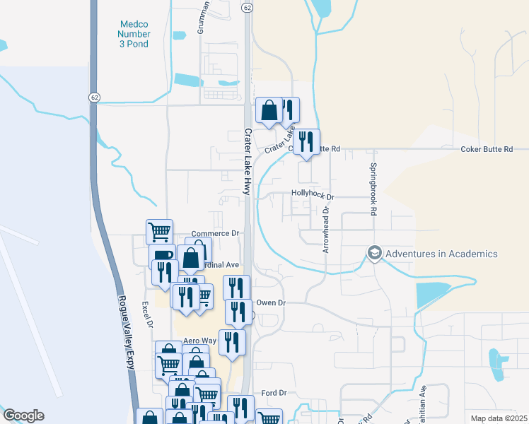 map of restaurants, bars, coffee shops, grocery stores, and more near 3842 Crater Lake Avenue in Medford