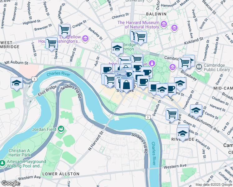 map of restaurants, bars, coffee shops, grocery stores, and more near 15 Eliot Street in Cambridge