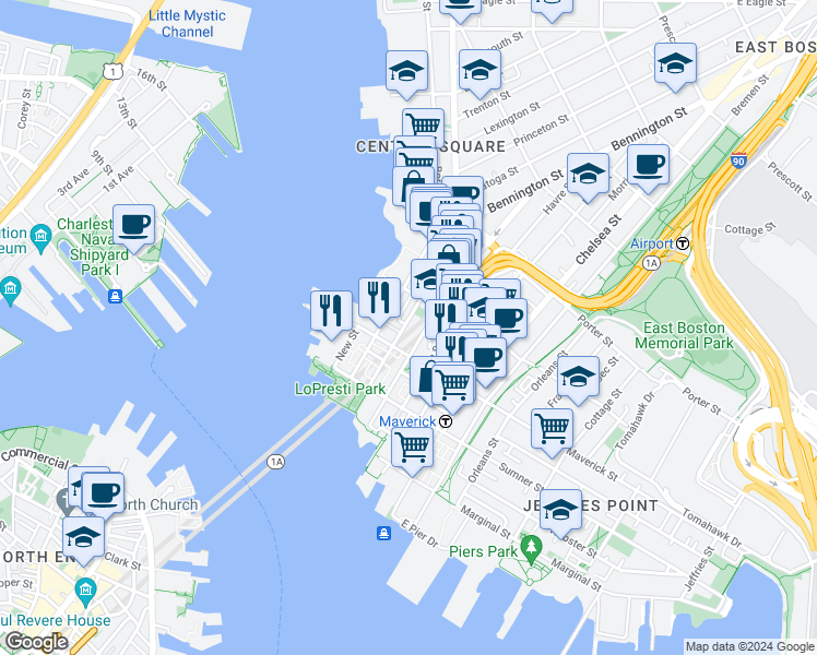 map of restaurants, bars, coffee shops, grocery stores, and more near 75 Liverpool Street in Boston