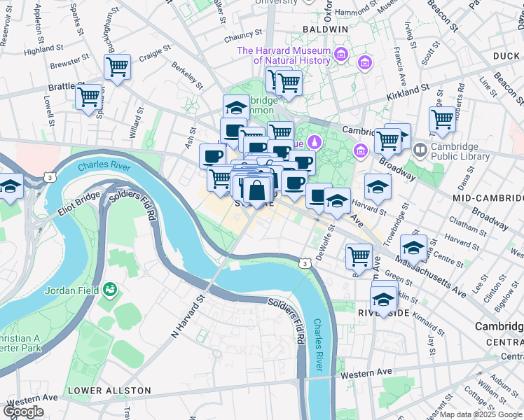 map of restaurants, bars, coffee shops, grocery stores, and more near 59 John F. Kennedy Street in Cambridge
