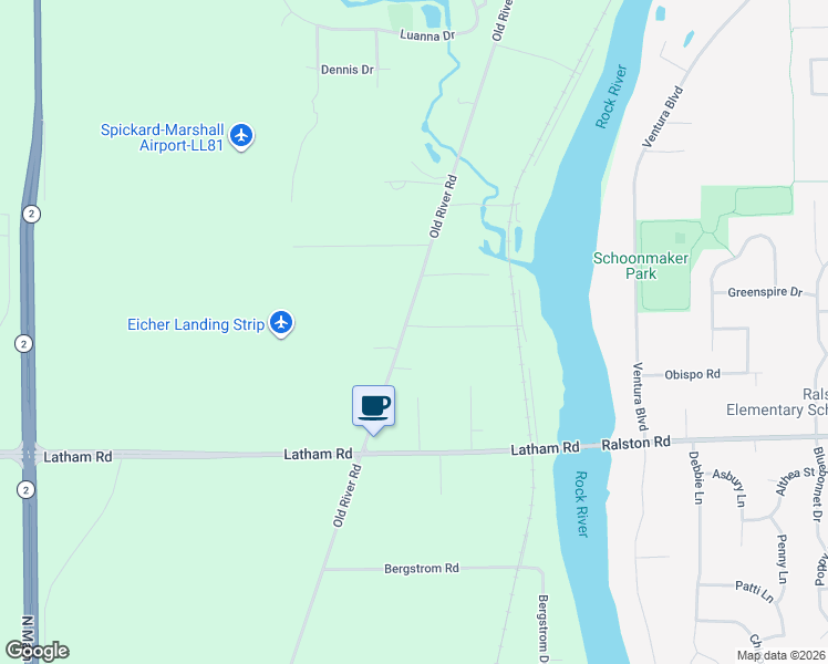 map of restaurants, bars, coffee shops, grocery stores, and more near 7741 Old River Road in Rockford