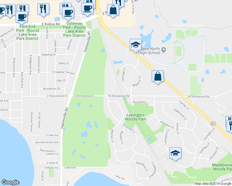map of restaurants, bars, coffee shops, grocery stores, and more near 1719 Maplewood Court in Grayslake