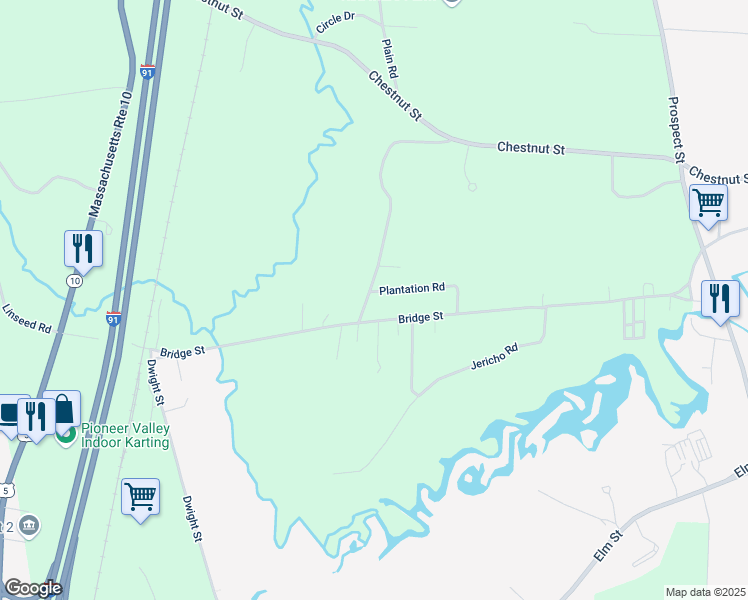 map of restaurants, bars, coffee shops, grocery stores, and more near 19 Plantation Road in Hatfield