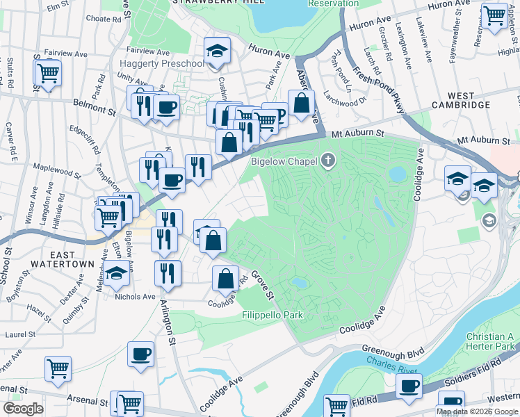 map of restaurants, bars, coffee shops, grocery stores, and more near 18 Sexton Street in Watertown