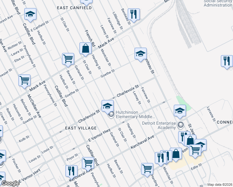 map of restaurants, bars, coffee shops, grocery stores, and more near 2912 Harding Street in Detroit
