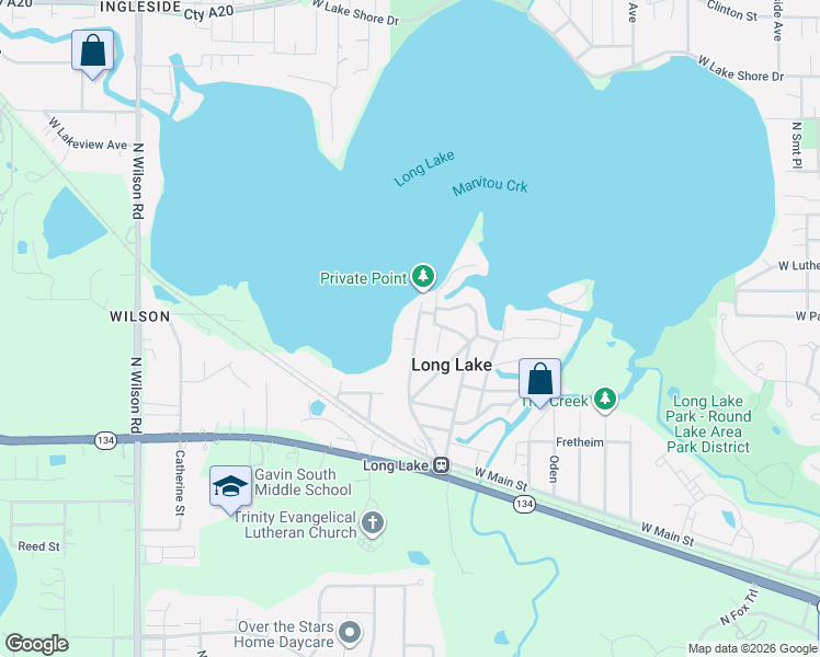 map of restaurants, bars, coffee shops, grocery stores, and more near 34984 North Augustana Avenue in Long Lake