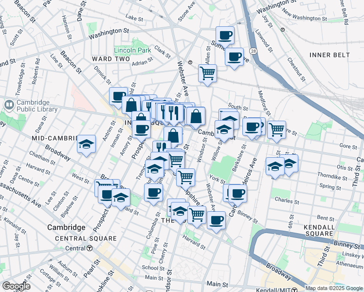 map of restaurants, bars, coffee shops, grocery stores, and more near 361 Columbia Street in Cambridge
