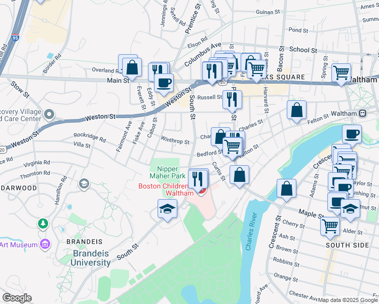 map of restaurants, bars, coffee shops, grocery stores, and more near 108 South Street in Waltham